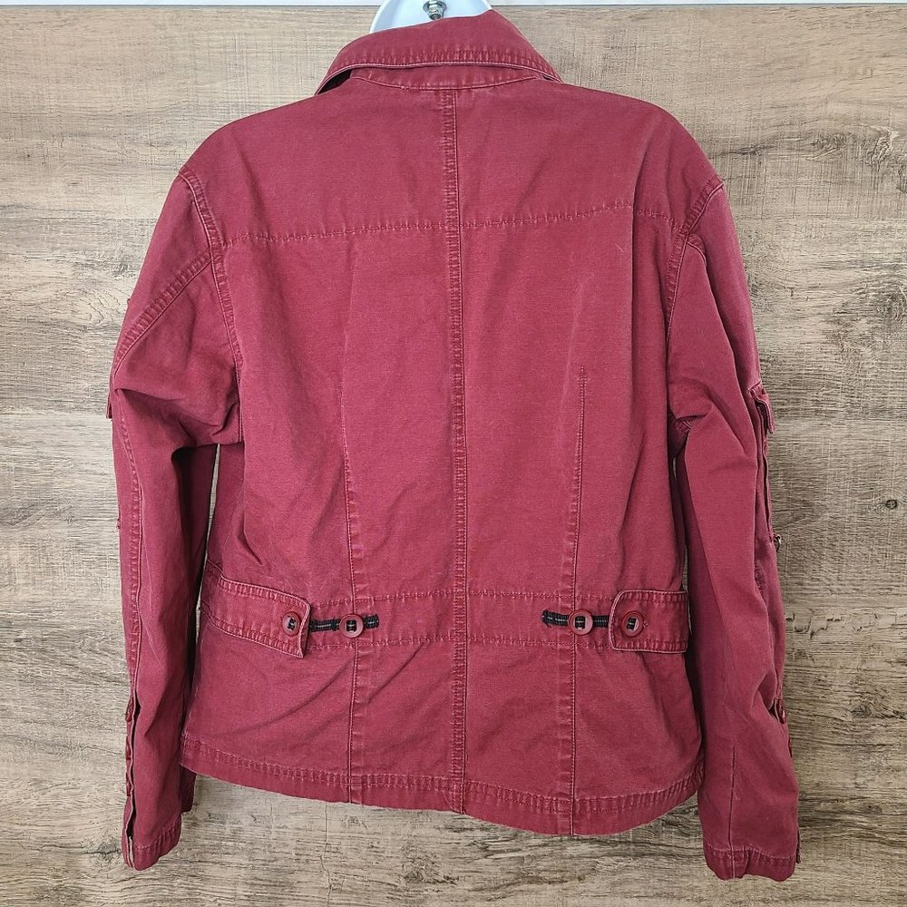 Columbia Faded Red Blazer Shacket Adj Waist Womens L Lightly Distressed Denim - Picture 2 of 13